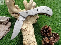 7.5" inches HAND FORGED Damascus Steel Folding Pocket Knife + Leather Sheath ZB Knives Store