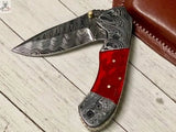 7.5" inches HAND FORGED Damascus Steel Folding Pocket Knife + Leather Sheath ZB Knives Store