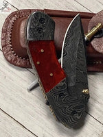 7.5" inches HAND FORGED Damascus Steel Folding Pocket Knife + Leather Sheath ZB Knives Store