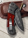 7.5" inches HAND FORGED Damascus Steel Folding Pocket Knife + Leather Sheath ZB Knives Store