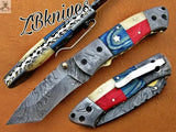 7.5" inches HAND FORGED Damascus Steel Folding Pocket Knife + leather sheath - ZB Knives Store