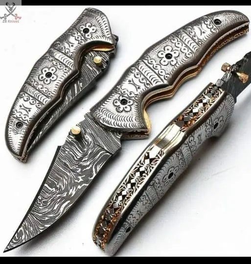 7.5" inches HAND FORGED Damascus Steel Folding Pocket knife + Leather Sheath ZB Knives Store