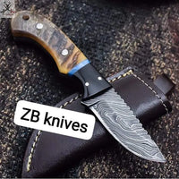 7.5"inches HAND FORGED Full Tang Damascus Steel Skinning Knife + Leather Sheath ZB Knives Store