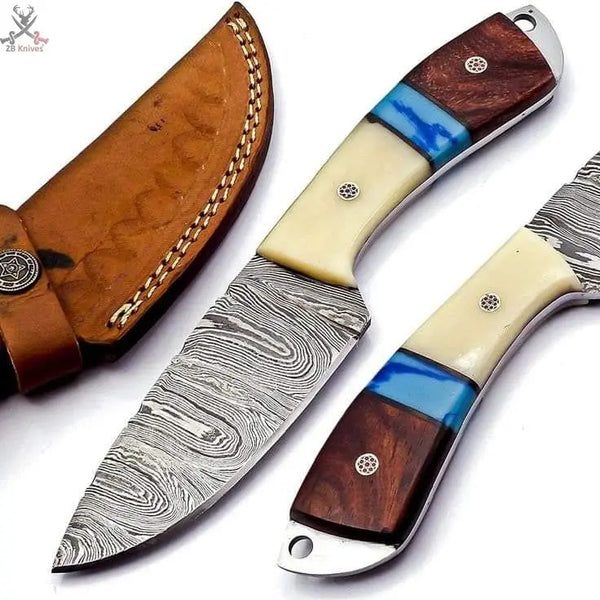 7.5"inches HAND FORGED Full Tang Damascus Steel Skinning Knife + Leather Sheath ZB Knives Store