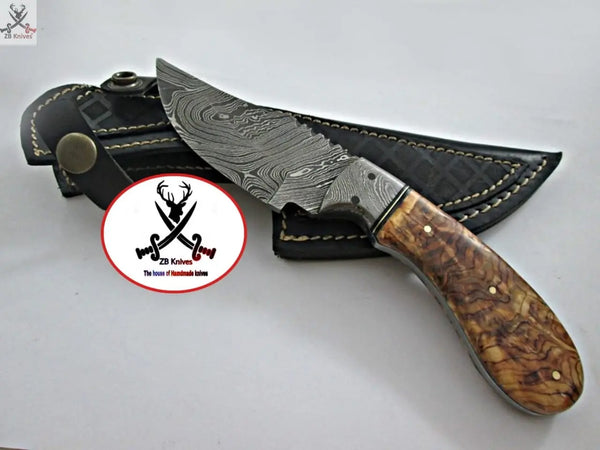 7.5"inches HAND FORGED Full Tang Damascus Steel Skinning knife + Leather Sheath ZB Knives Store