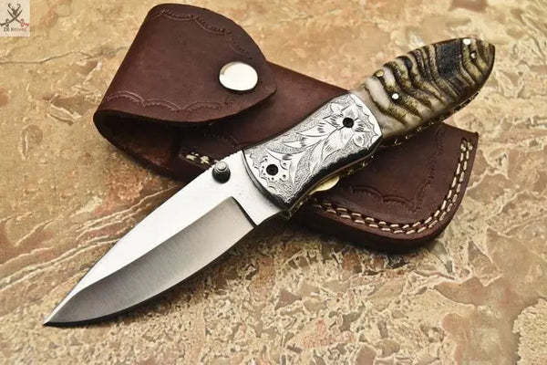 7.5"inches HAND FORGED J2 Steel Folding Pocket knife + Leather Sheath ZB Knives Store