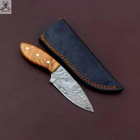 7.75" HAND FORGED Full Tang Damascus Steel Skinning knife + Leather Sheath ZB Knives Store