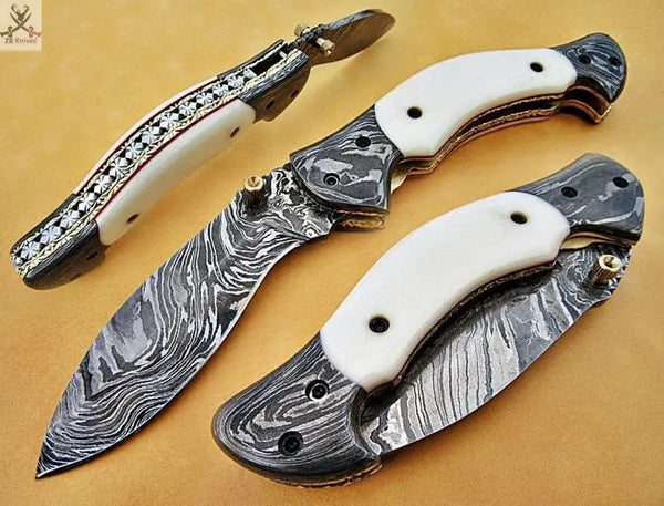 7.75" Inches HAND FORGED Damascus Steel Folding Pocket Knife+ Leather sheath ZB Knives Store