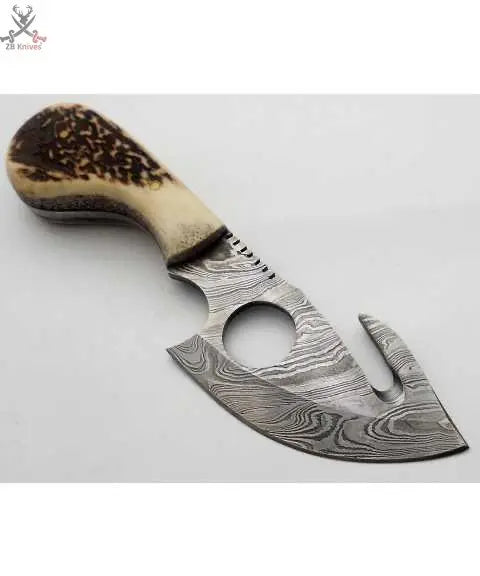 7.75" Inches HAND FORGED Full Tang Damascus Steel Gut Hook Skinning Knife+ Leather sheath ZB Knives Store