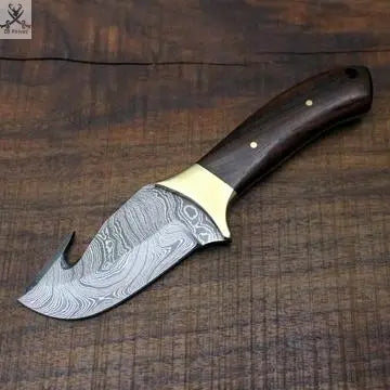 7.75" Inches HAND FORGED Full Tang Damascus Steel Gut Hook Skinning Knife+ Leather sheath ZB Knives Store