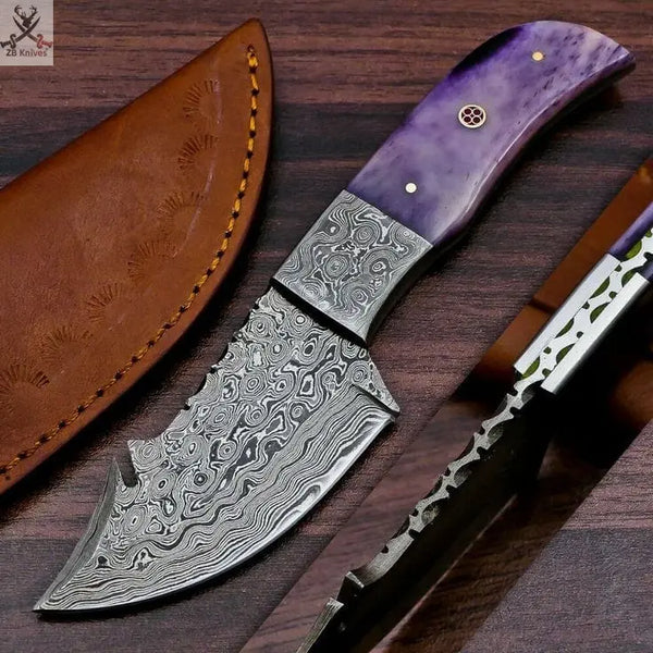 7.75"inches HAND FORGED Full Tang Damascus Steel Skinning Knife + Leather Sheath ZB Knives Store