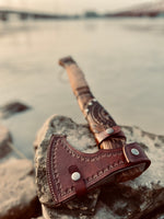 Viking Tomahawk for Sale - Engraved High Carbon Forged Steel Blade, Ash Wood Handle with rope Wrap, Leather Sheath