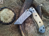 7" Inches HAND FORGED Damascus Steel Folding Pocket Knife+ Leather sheath ZB Knives Store