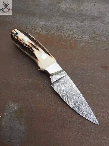 Full Tang Custom Handmade Damascus Steel Hunting Skinning Knife - ZB Knives Store