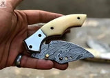 7" Inches HAND FORGED Full Tang Damascus Steel Folding Pocket Knife+ Leather sheath - ZB Knives Store
