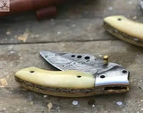 7" Inches HAND FORGED Full Tang Damascus Steel Folding Pocket Knife+ Leather sheath - ZB Knives Store