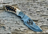 8.5" HAND FORGED Full Tang Damascus Steel Gut Hook Skinning Knife + leather sheath - ZB Knives Store