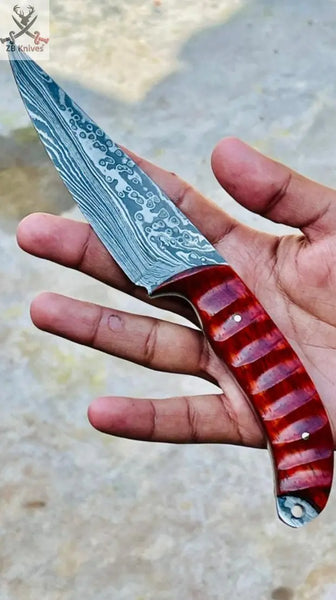 8.5" Inches HAND FORGED Full Tang Damascus Steel Skinning Knife+ Leather sheath ZB Knives Store