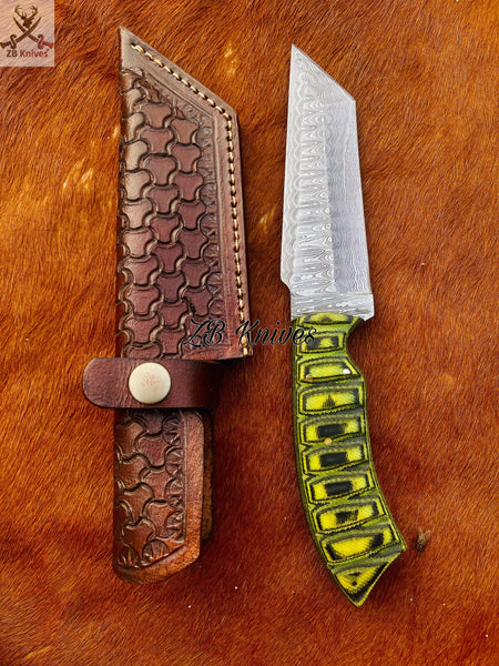 8.5" Inches HAND FORGED Full Tang Damascus Steel Tanto Knife+ Leather sheath ZB Knives Store