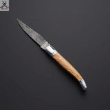 8.5" Inches approx HAND FORGED Full Tang Damascus Steel Folding Pocket Knife+ Leather sheath ZB Knives Store