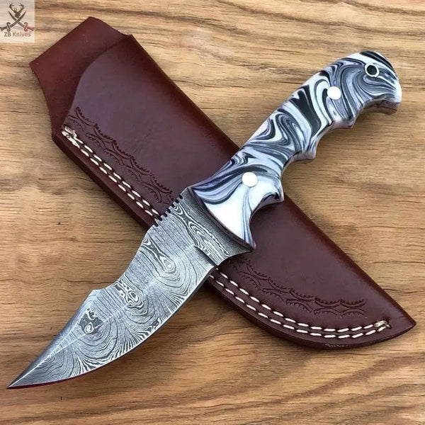 8.5"inches HAND FORGED Full Tang Damascus Steel Hunting Knife + Leather Sheath ZB Knives Store