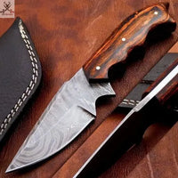 8" HAND FORGED Full Tang Damascus Steel Skinning knife + Leather Sheath ZB Knives Store