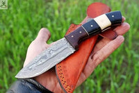 8" HAND FORGED Full Tang Damascus Steel Skinning knife + Leather Sheath ZB Knives Store