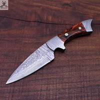 8" HAND FORGED Full Tang Damascus Steel Skinning knife + Leather Sheath ZB Knives Store