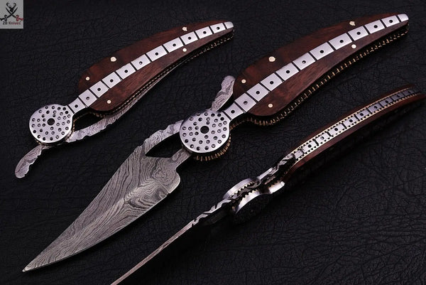 8" Inches HAND FORGED Full Tang Damascus Steel Folding Pocket Knife+ Leather sheath ZB Knives Store