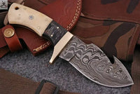 8" Inches HAND FORGED Full Tang Damascus Steel Gut Hook Skinning Knife+ Leather sheath ZB Knives Store