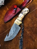 8" Inches HAND FORGED Full Tang Damascus Steel Gut Hook Skinning Knife+ Leather sheath ZB Knives Store