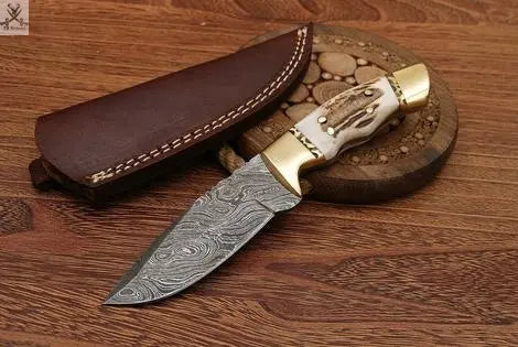 Natural Sambar Stag Horn-Brass Hunting Skinning Knife - ZB Knives Store