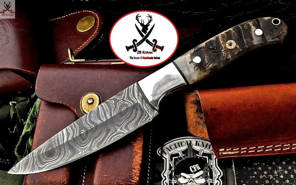 8" Inches HAND FORGED Full Tang Damascus Steel Skinning Knife+ Leather sheath ZB Knives Store