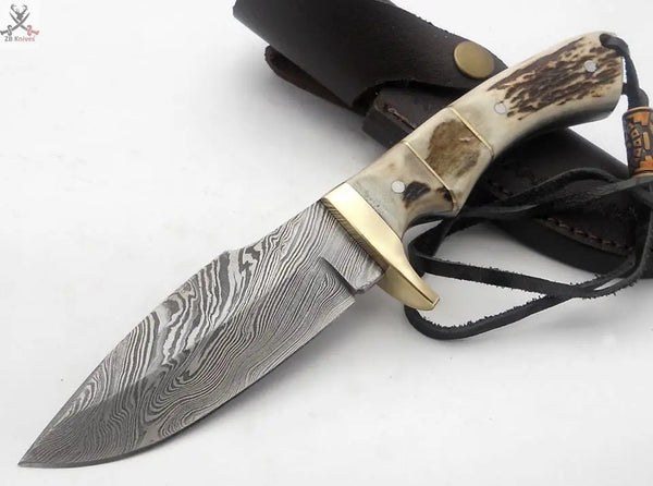 8" Inches HAND FORGED Full Tang Damascus Steel Skinning Knife+ Leather sheath ZB Knives Store