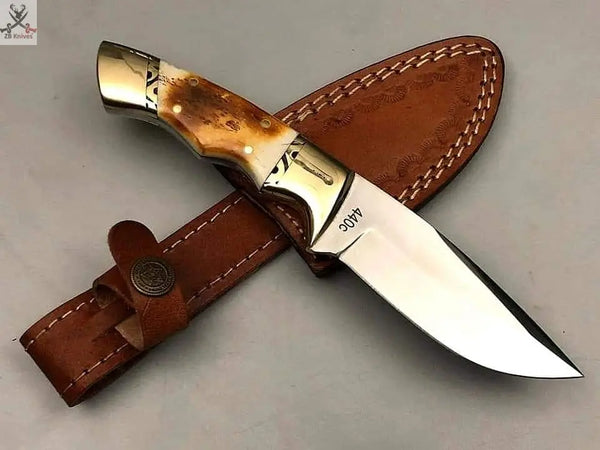 8" inches HAND FORGED Full Tang 440C Steel Skinning Knife + Leather Sheath ZB Knives Store