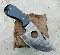 8" inches HAND FORGED Full Tang Damascus Steel Gut Hook Skinning Knife + Leather Sheath ZB Knives Store