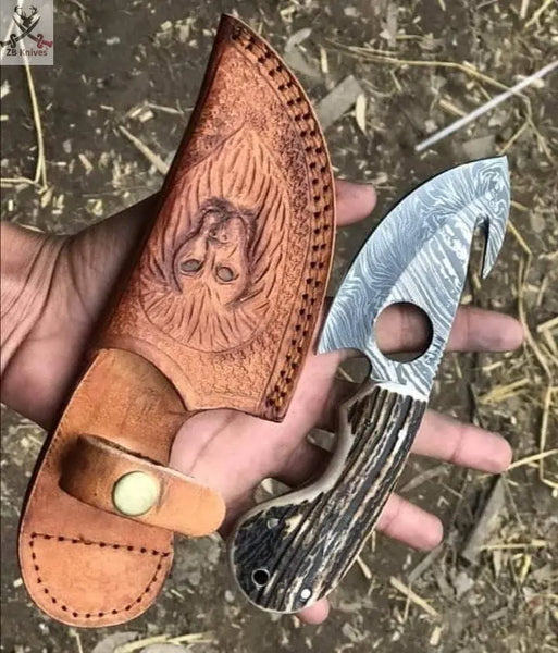 8" inches HAND FORGED Full Tang Damascus Steel Gut Hook Skinning Knife + Leather Sheath ZB Knives Store