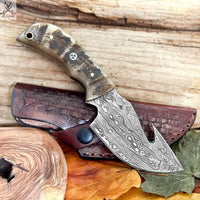 8" inches HAND FORGED Full Tang Damascus Steel Gut Hook Skinning Knife + Leather Sheath ZB Knives Store