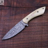 8" inches HAND FORGED Full Tang Damascus Steel Skinning Knife + Leather Sheath ZB Knives Store