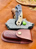 8”inches HAND FORGED Damascus Steel Folding Pocket knife + Leather Sheath ZB Knives Store