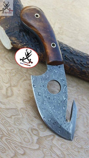 8"inches HAND FORGED Fixed Blade Damascus Steel Gut Hook Skinning knife + Leather Sheath ZB Knives Store