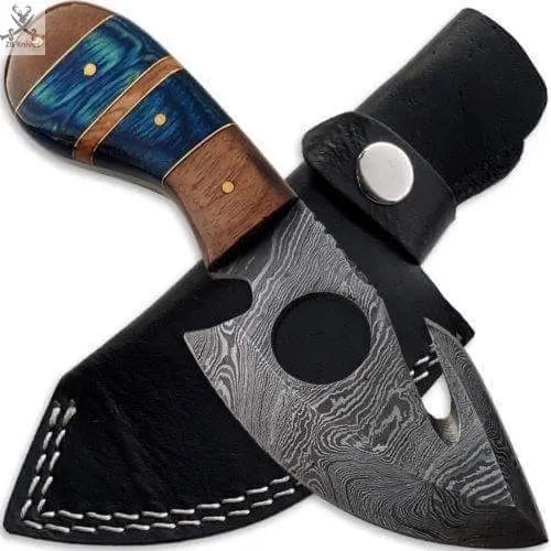 8"inches HAND FORGED Full Tang Damascus Steel Gut Hook Knife + Leather Sheath ZB Knives Store