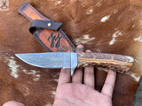 8"inches HAND FORGED Full Tang Damascus Steel Skinning Knife + Leather Sheath ZB Knives Store