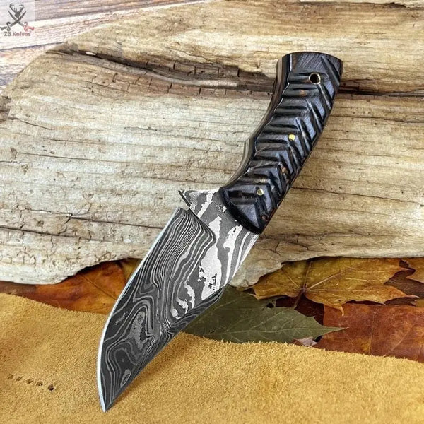 8"inches HAND FORGED Full Tang Damascus Steel Skinning Knife + Leather Sheath ZB Knives Store