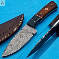 8"inches HAND FORGED Full Tang Damascus Steel Skinning Knife + Leather Sheath ZB Knives Store