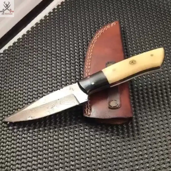 8"inches HAND FORGED Full Tang Damascus Steel Skinning Knife + Leather Sheath ZB Knives Store