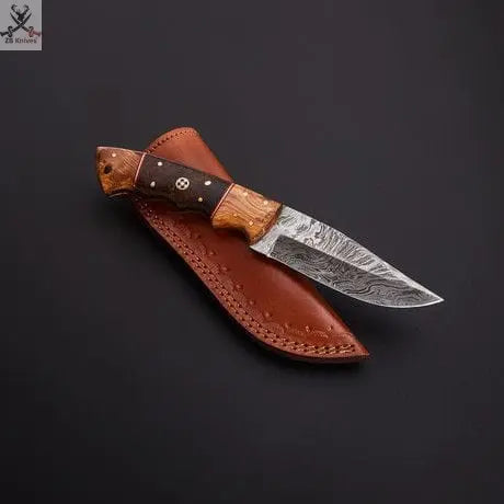 8"inches HAND FORGED Full Tang Damascus Steel Skinning Knife + Leather Sheath ZB Knives Store