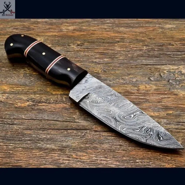 8"inches HAND FORGED Full Tang Damascus Steel Skinning Knife + Leather Sheath ZB Knives Store