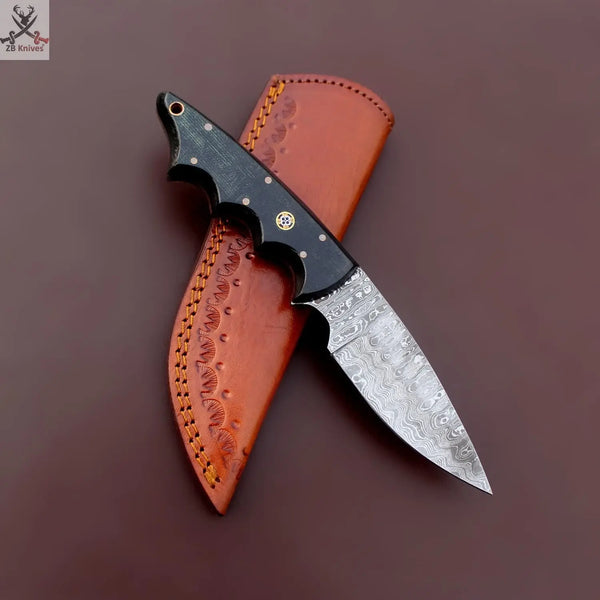 8"inches HAND FORGED Full Tang Damascus Steel Skinning Knife + Leather Sheath ZB Knives Store