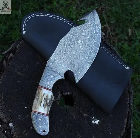 Full Tang Custom Handmade Raindrop Damascus Steel Guthook Skinner knife - ZB Knives Store